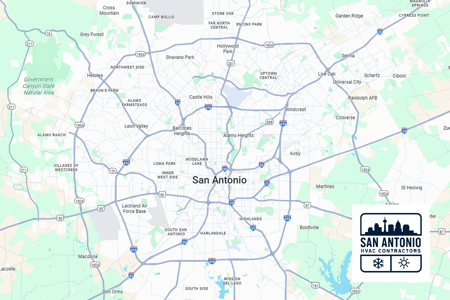 Map of San Antonio HVAC service area showing neighborhoods and suburbs covered